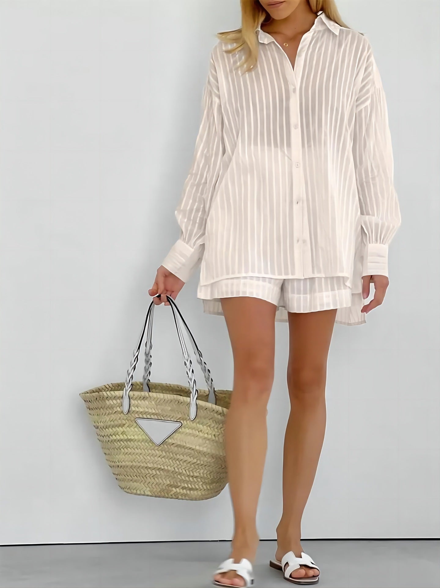 Striped Bubble Sleeve Shorts Suit