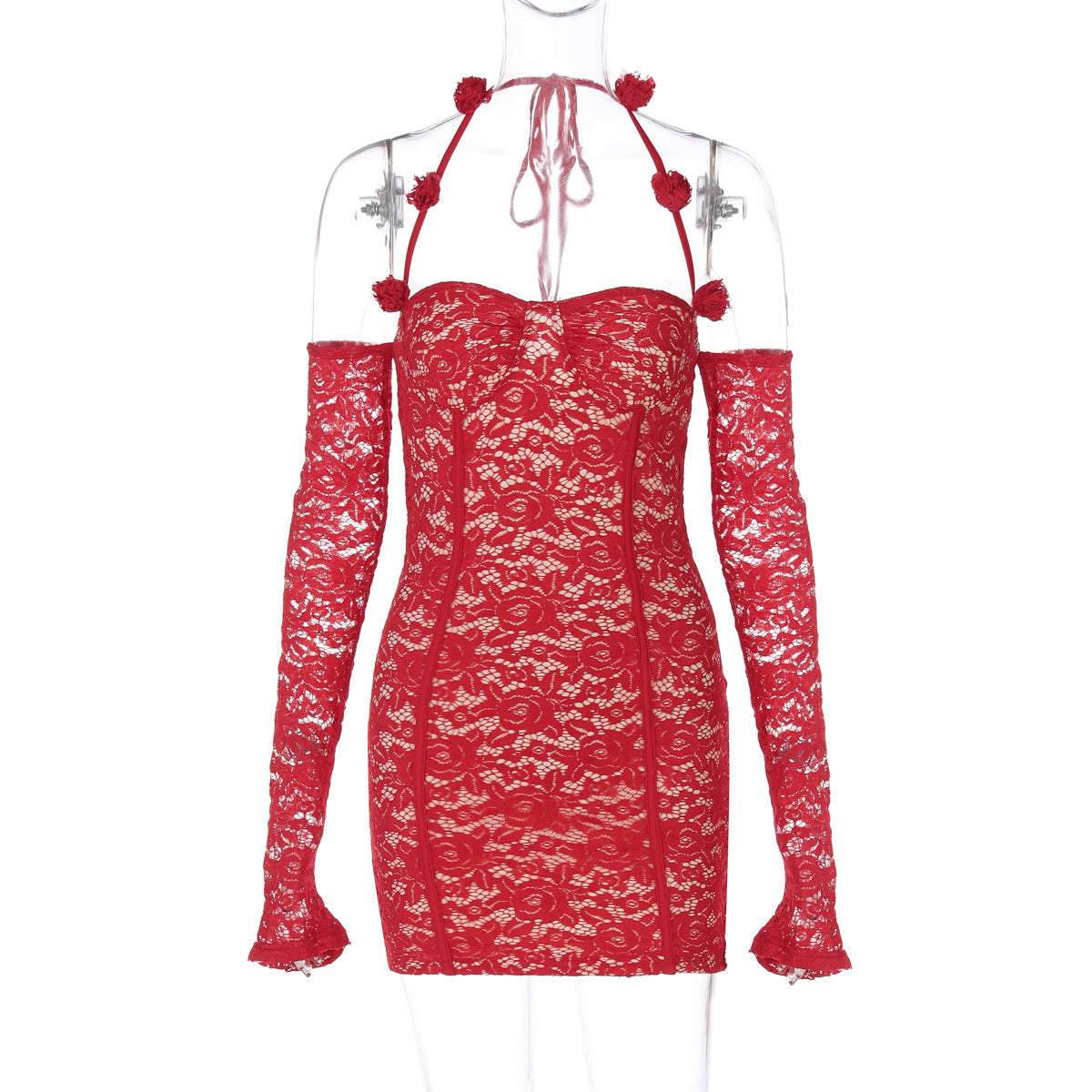 Ilgomis rankovėmis suknelė be petnešėlių, pabrėžianti klubus