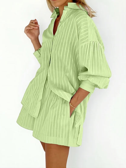 Striped Bubble Sleeve Shorts Suit